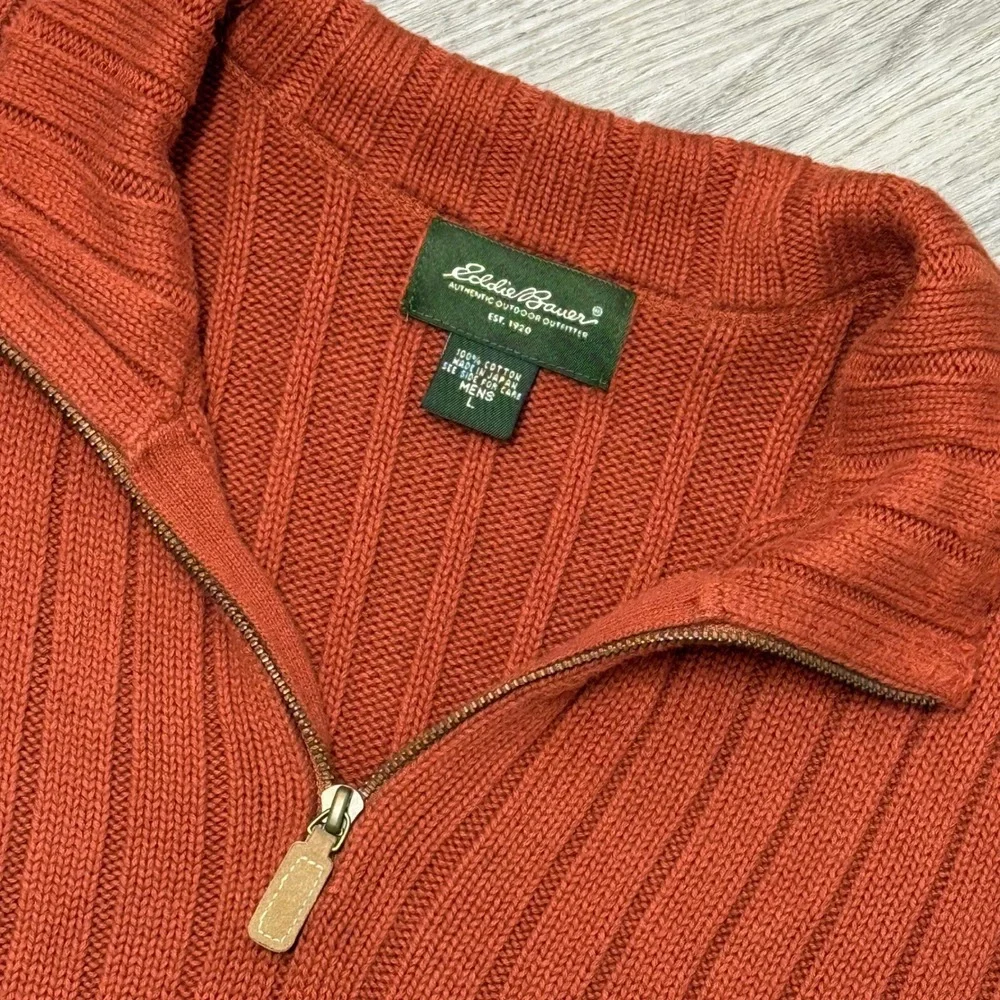 Eddie Bauer Mens Large Burnt Orange Ribbed 100% Cotton Quarter Zip Sweater Japan